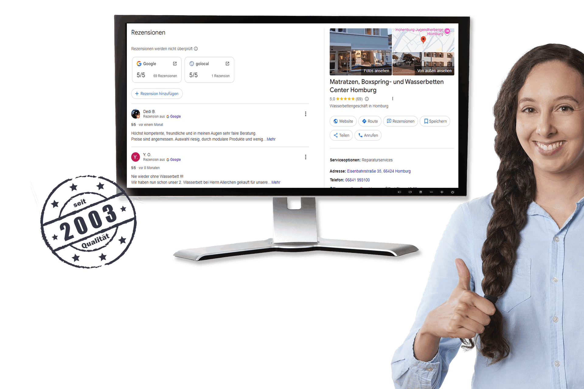 Google- und golocal-Bewertungen des Matratzen-, Boxspring- und Wasserbettencenters Homburg auf einem Monitor, daneben eine zufriedene Kundin